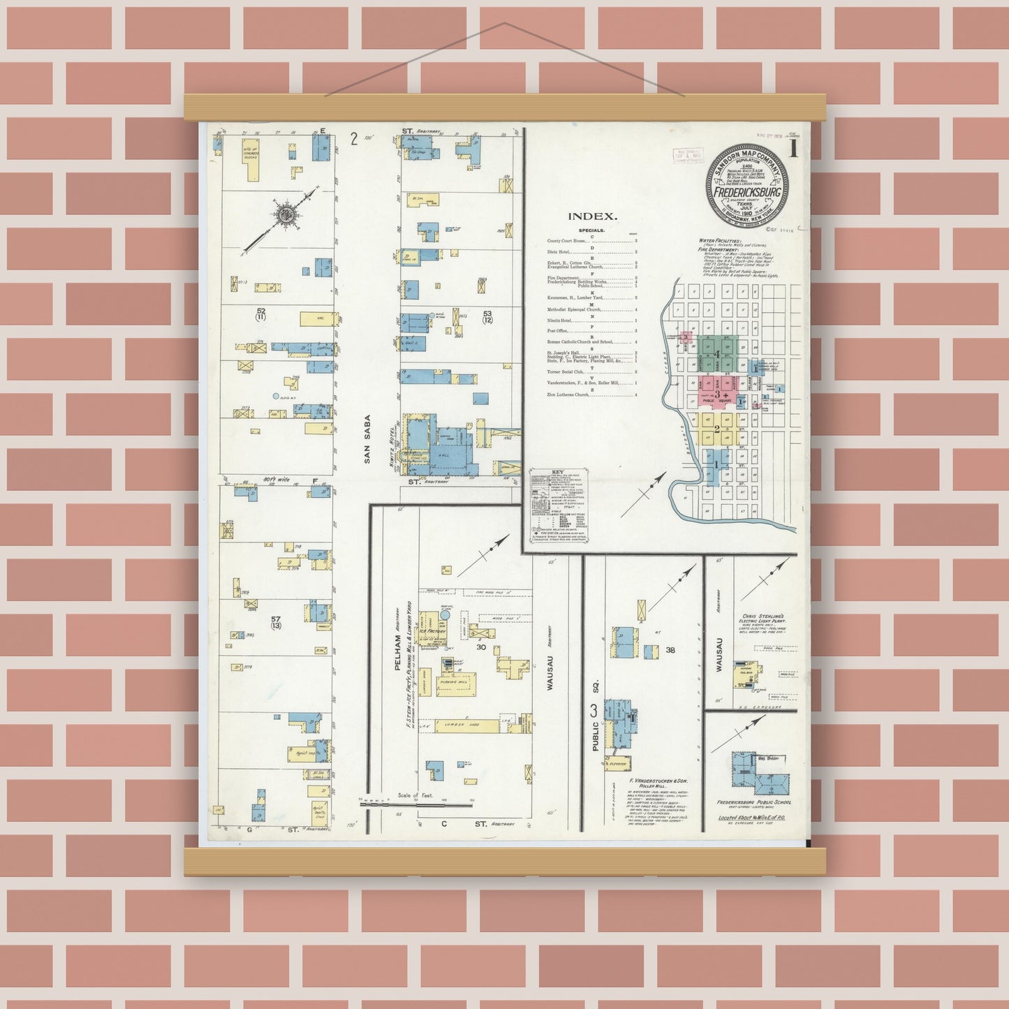 Old map wall art mockup — magnetic wood frame on brick wall — Sanborn Fire Insurance Map from Fredericksburg, Gillespie County, Texas (1910) - Complete Map Set