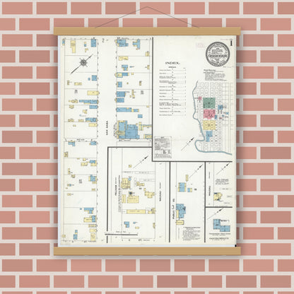 Old map wall art mockup — magnetic wood frame on brick wall — Sanborn Fire Insurance Map from Fredericksburg, Gillespie County, Texas (1910) - Complete Map Set