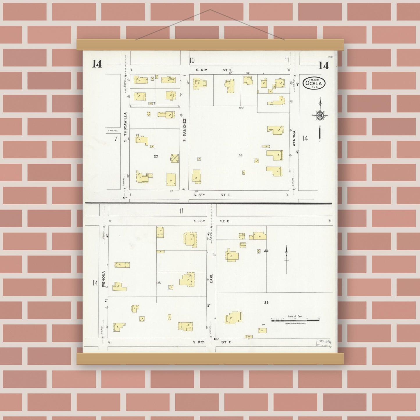 Old map wall art mockup — magnetic wood frame on brick wall — Sanborn Fire Insurance Map from Ocala, Marion County, Florida (1924), Sheet #0014