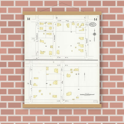 Old map wall art mockup — magnetic wood frame on brick wall — Sanborn Fire Insurance Map from Ocala, Marion County, Florida (1924), Sheet #0014