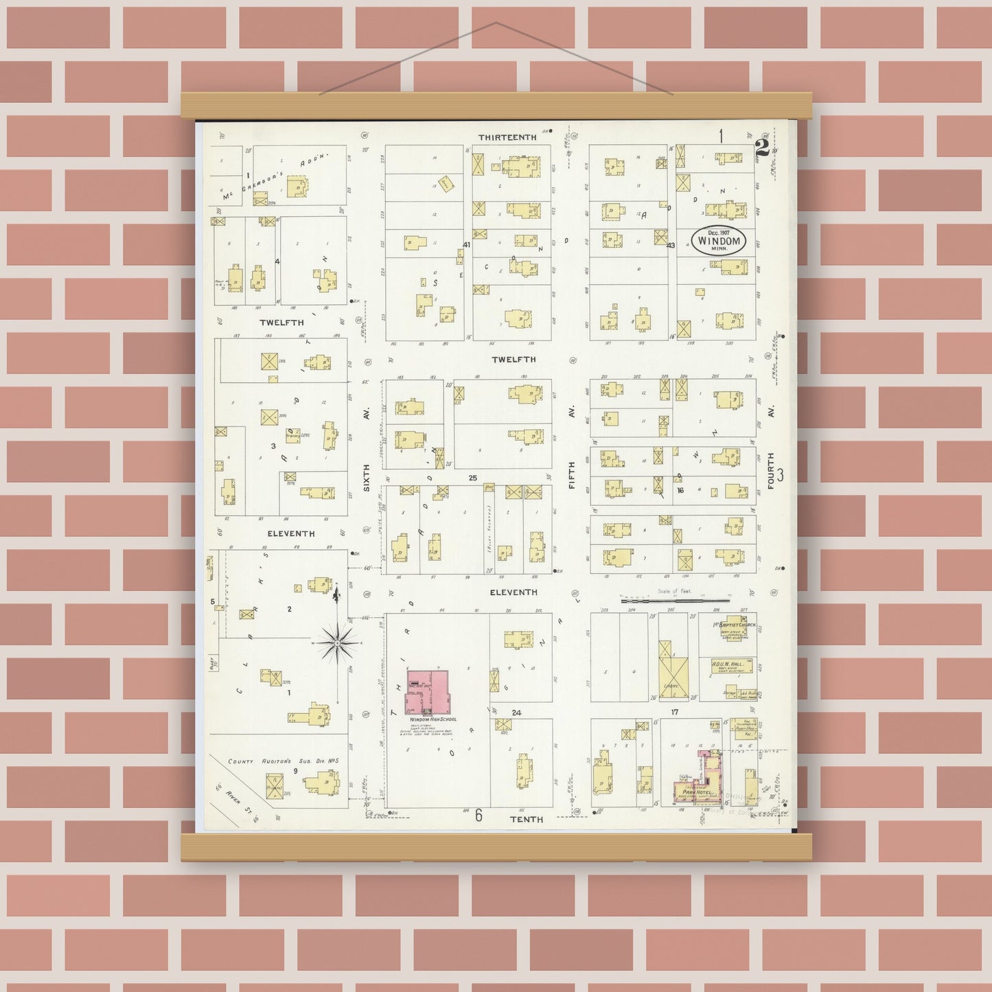 Old map wall art mockup — magnetic wood frame on brick wall — Sanborn Fire Insurance Map from Windom, Cottonwood County, Minnesota (1907), Sheet #0002