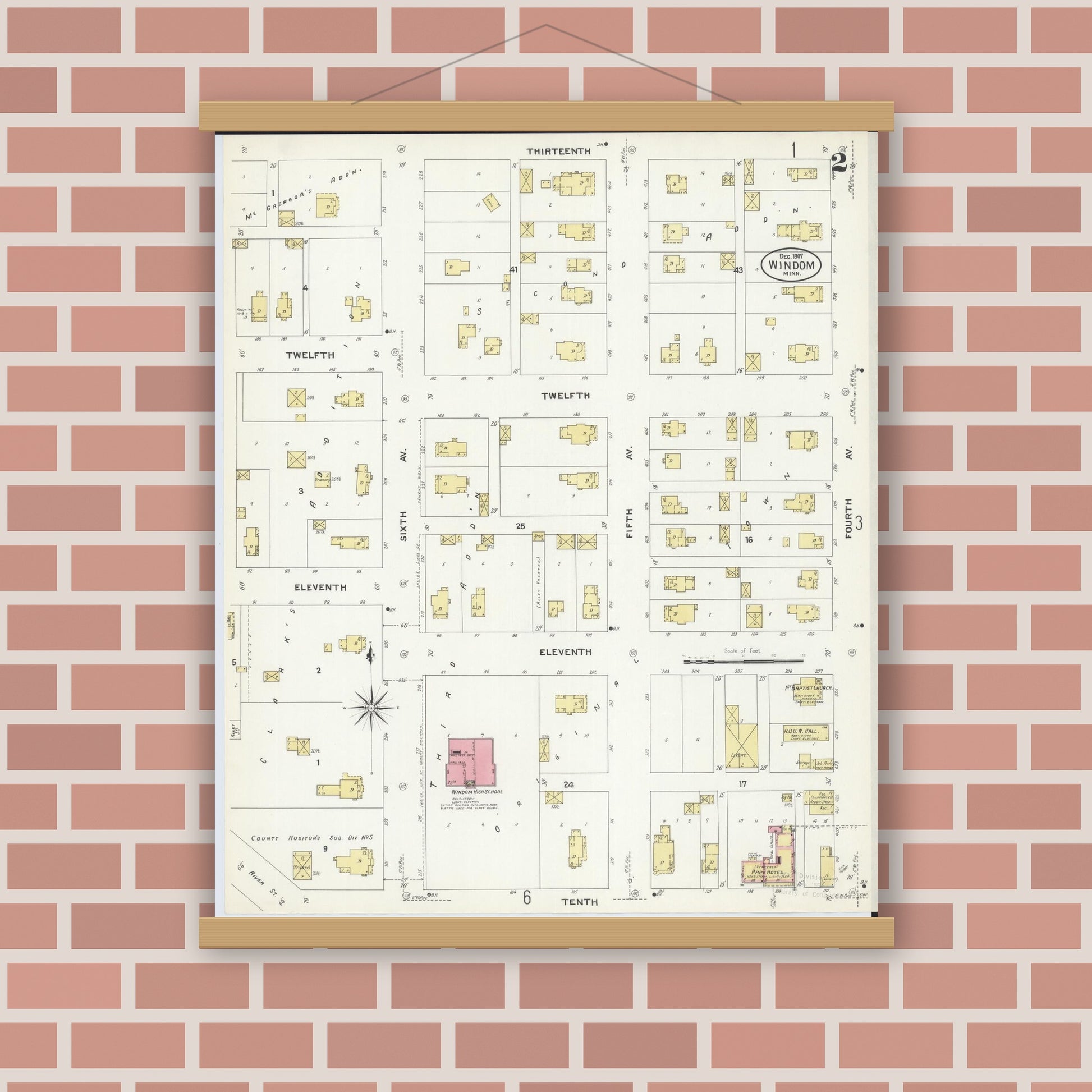 Old map wall art mockup — magnetic wood frame on brick wall — Sanborn Fire Insurance Map from Windom, Cottonwood County, Minnesota (1907), Sheet #0002