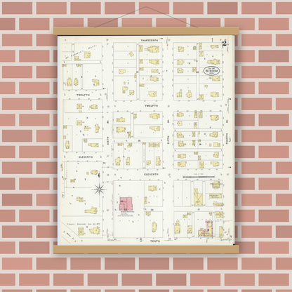 Old map wall art mockup — magnetic wood frame on brick wall — Sanborn Fire Insurance Map from Windom, Cottonwood County, Minnesota (1907), Sheet #0002