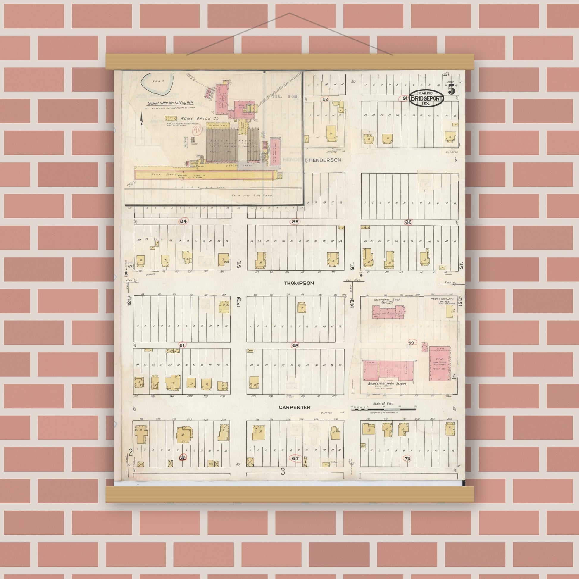 Old map wall art mockup — magnetic wood frame on brick wall — Sanborn Fire Insurance Map from Bridgeport, Wise County, Texas (1944), Sheet #0005