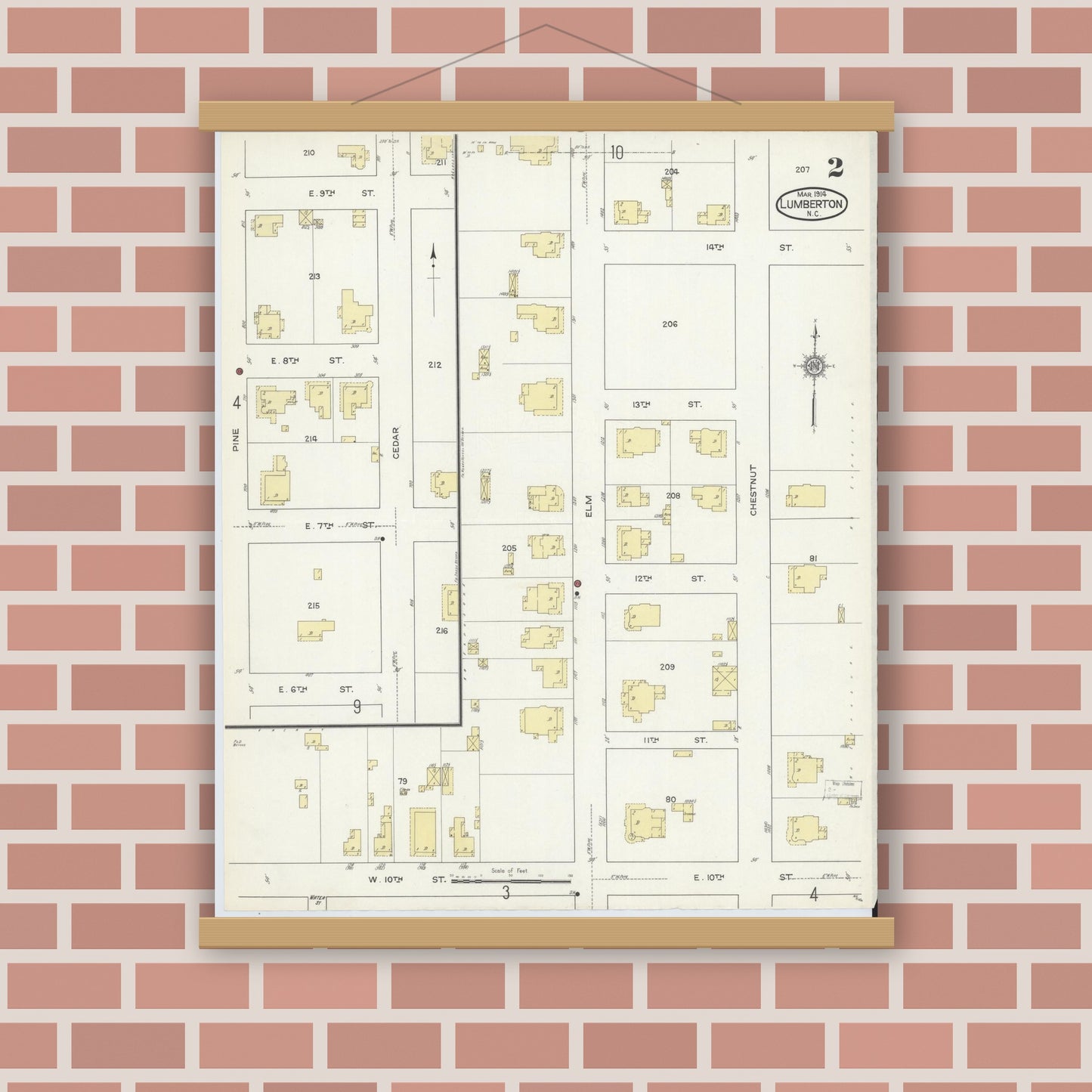Old map wall art mockup — magnetic wood frame on brick wall — Sanborn Fire Insurance Map from Lumberton, Robeson County, North Carolina (1914), Sheet #0002