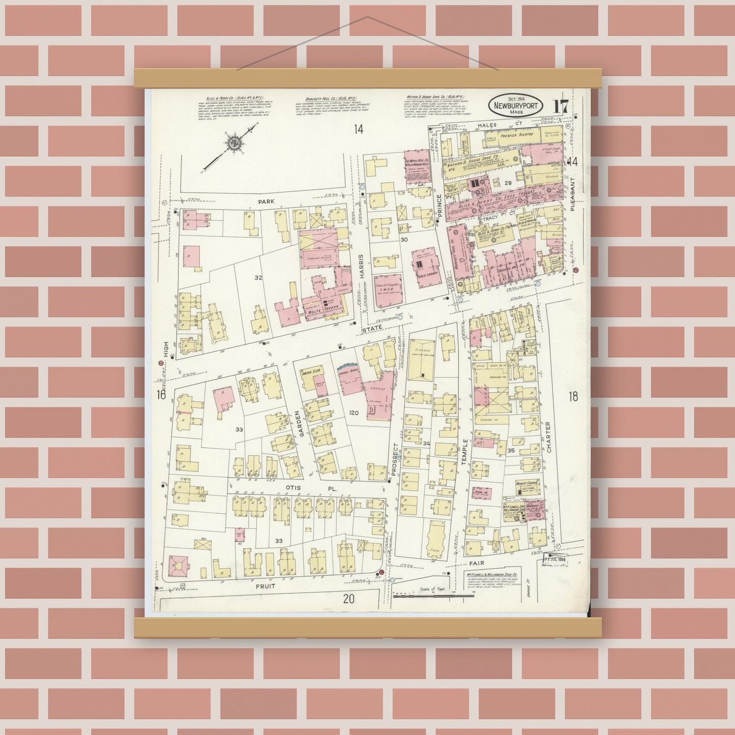 Old map wall art mockup — magnetic wood frame on brick wall — Sanborn Fire Insurance Map from Newburyport, Essex County, Massachusetts (1914), Sheet #0017