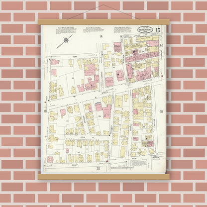 Old map wall art mockup — magnetic wood frame on brick wall — Sanborn Fire Insurance Map from Newburyport, Essex County, Massachusetts (1914), Sheet #0017