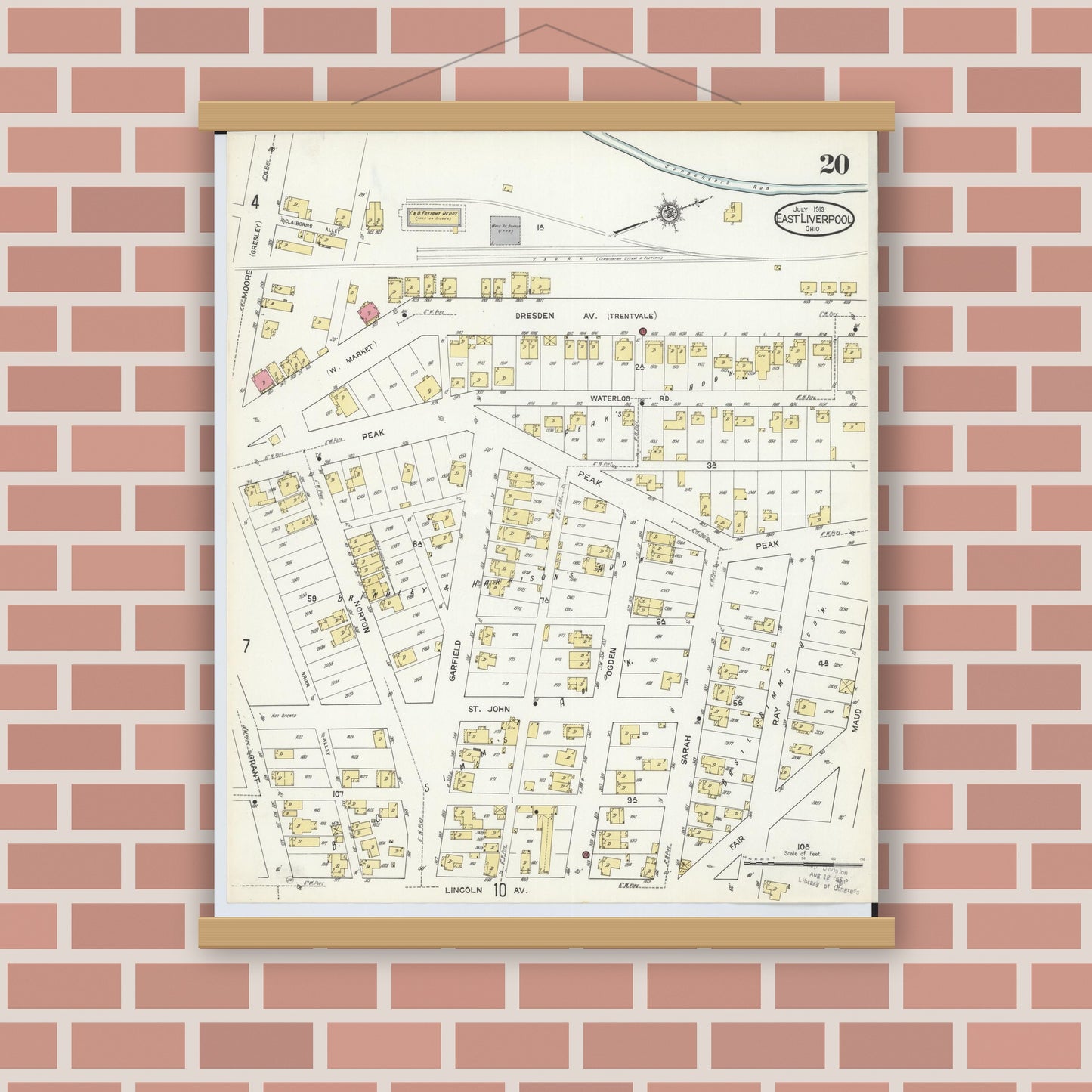 Old map wall art mockup — magnetic wood frame on brick wall — Sanborn Fire Insurance Map from East Liverpool, Columbiana County, Ohio (1913), Sheet #0020