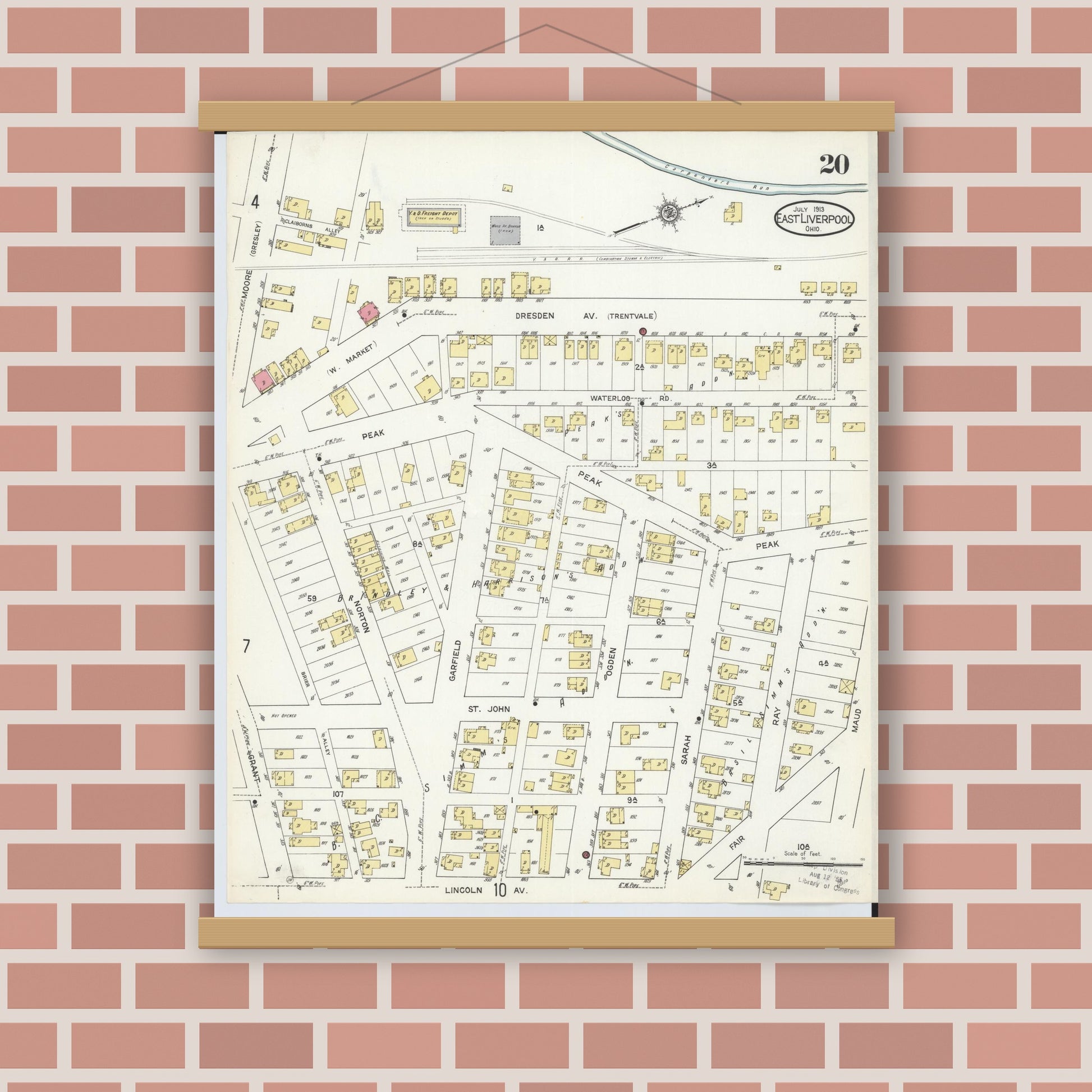 Old map wall art mockup — magnetic wood frame on brick wall — Sanborn Fire Insurance Map from East Liverpool, Columbiana County, Ohio (1913), Sheet #0020