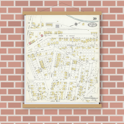 Old map wall art mockup — magnetic wood frame on brick wall — Sanborn Fire Insurance Map from East Liverpool, Columbiana County, Ohio (1913), Sheet #0020