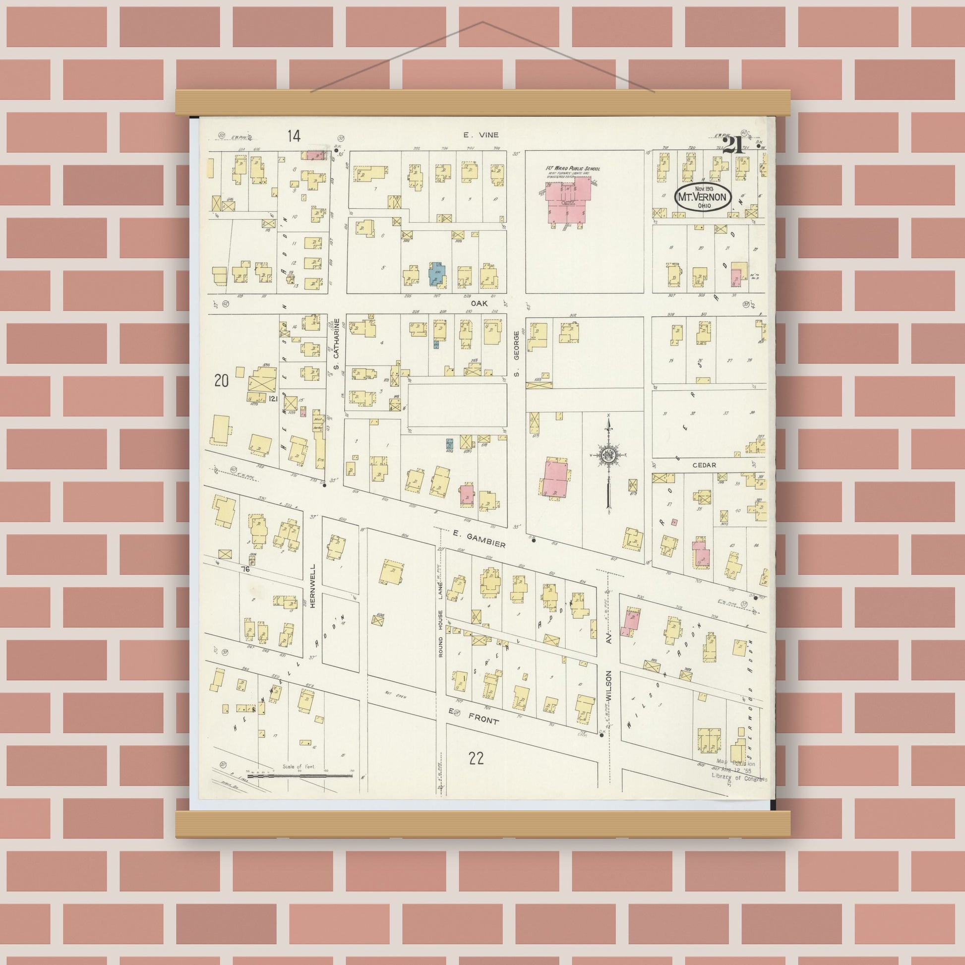 Old map wall art mockup — magnetic wood frame on brick wall — Sanborn Fire Insurance Map from Mount Vernon, Knox County, Ohio (1913), Sheet #0021