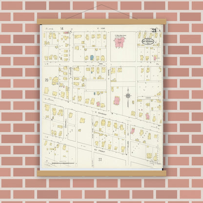 Old map wall art mockup — magnetic wood frame on brick wall — Sanborn Fire Insurance Map from Mount Vernon, Knox County, Ohio (1913), Sheet #0021