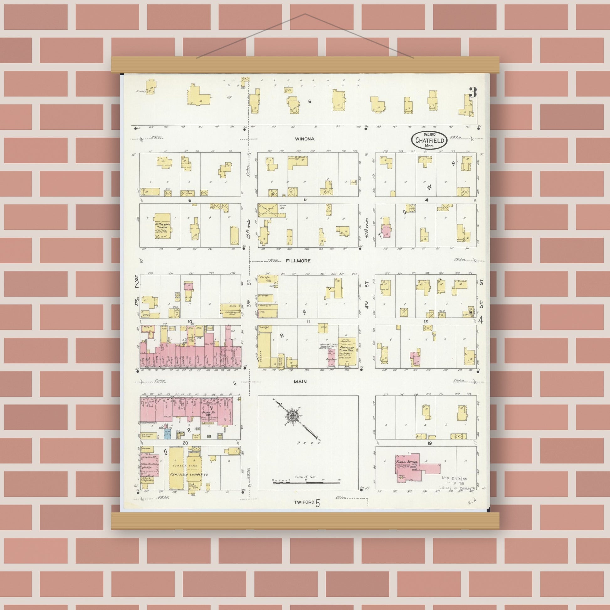 Old map wall art mockup — magnetic wood frame on brick wall — Sanborn Fire Insurance Map from Chatfield, Fillmore And Olmsted Counties, Minnesota (1910), Sheet #0003