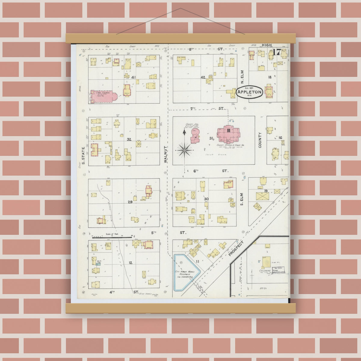 Old map wall art mockup — magnetic wood frame on brick wall — Sanborn Fire Insurance Map from Appleton, Outagamie County, Wisconsin (1891), Sheet #0017