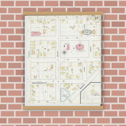 Old map wall art mockup — magnetic wood frame on brick wall — Sanborn Fire Insurance Map from Appleton, Outagamie County, Wisconsin (1891), Sheet #0017