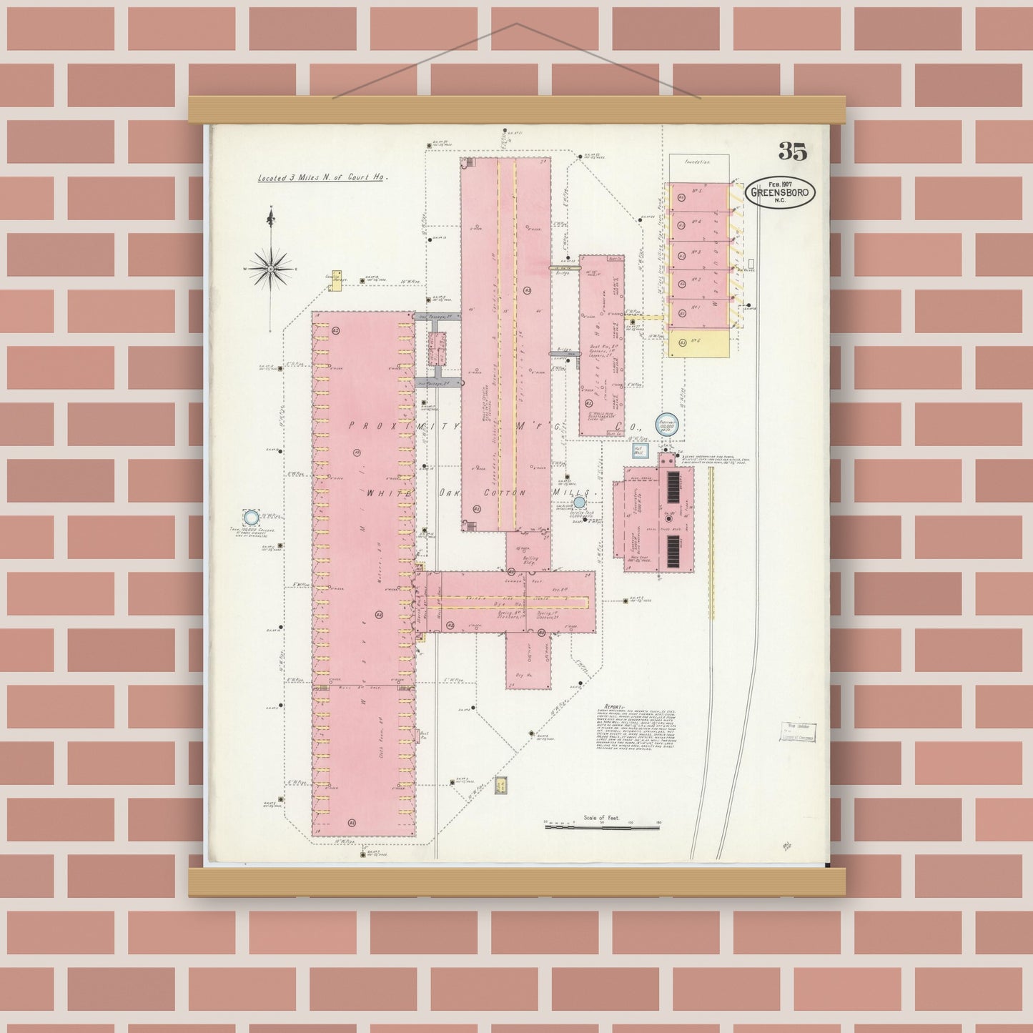 Old map wall art mockup — magnetic wood frame on brick wall — Sanborn Fire Insurance Map from Greensboro, Guilford County, North Carolina (1907), Sheet #0035