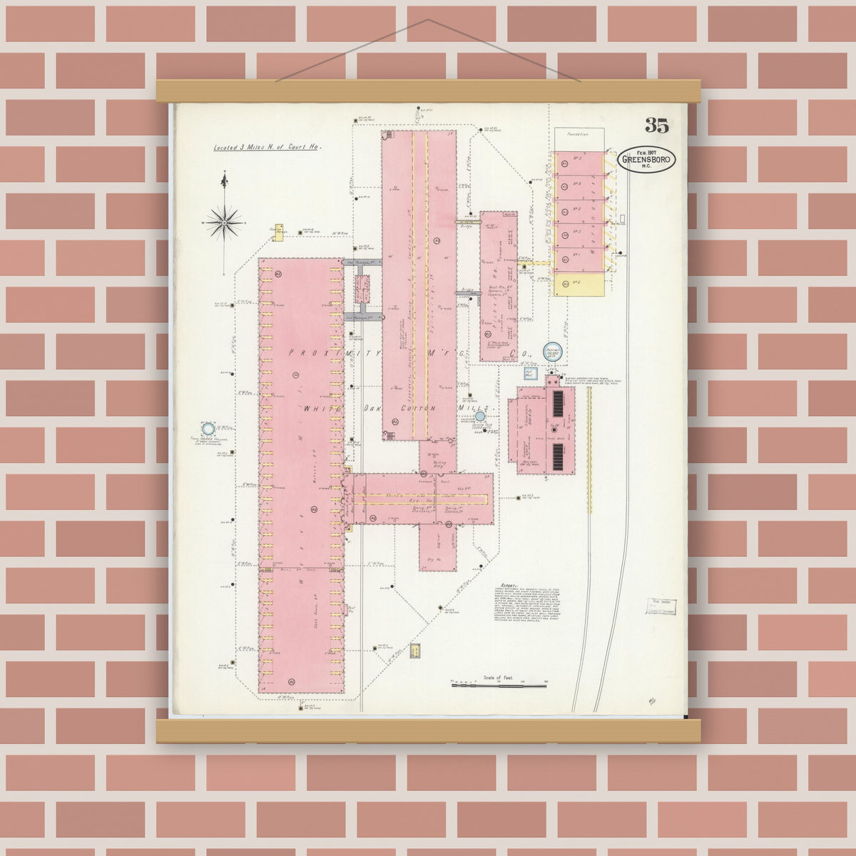 Old map wall art mockup — magnetic wood frame on brick wall — Sanborn Fire Insurance Map from Greensboro, Guilford County, North Carolina (1907), Sheet #0035