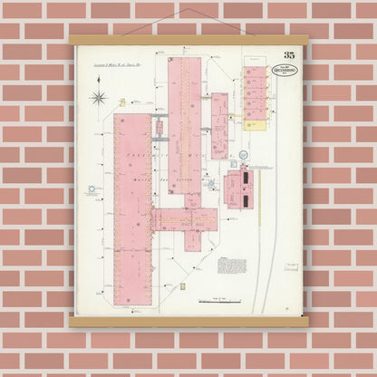 Old map wall art mockup — magnetic wood frame on brick wall — Sanborn Fire Insurance Map from Greensboro, Guilford County, North Carolina (1907), Sheet #0035
