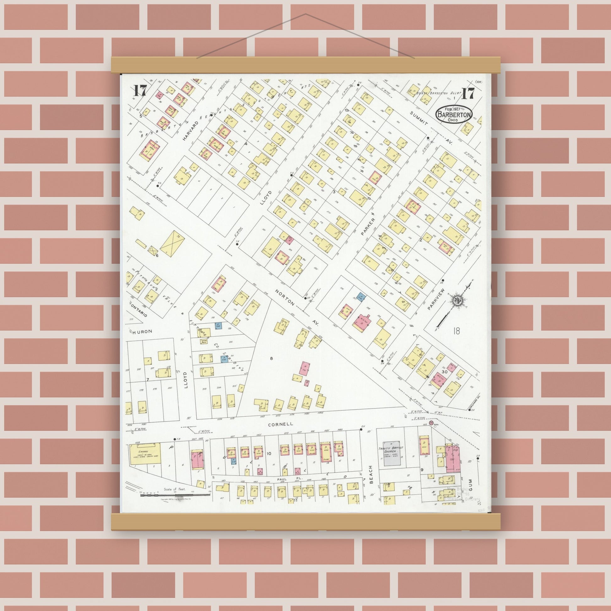 Old map wall art mockup — magnetic wood frame on brick wall — Sanborn Fire Insurance Map from Barberton, Summit County, Ohio (1927), Sheet #0017