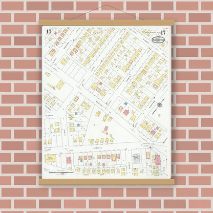 Old map wall art mockup — magnetic wood frame on brick wall — Sanborn Fire Insurance Map from Barberton, Summit County, Ohio (1927), Sheet #0017
