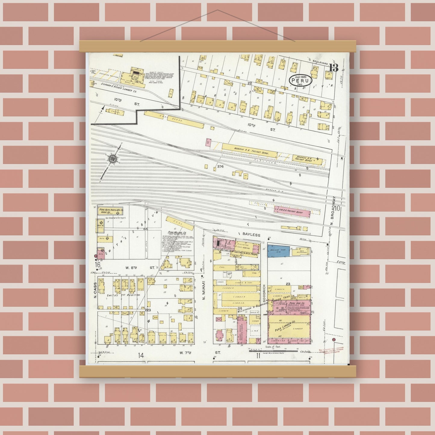 Old map wall art mockup — magnetic wood frame on brick wall — Sanborn Fire Insurance Map from Peru, Miami County, Indiana (1920), Sheet #0013
