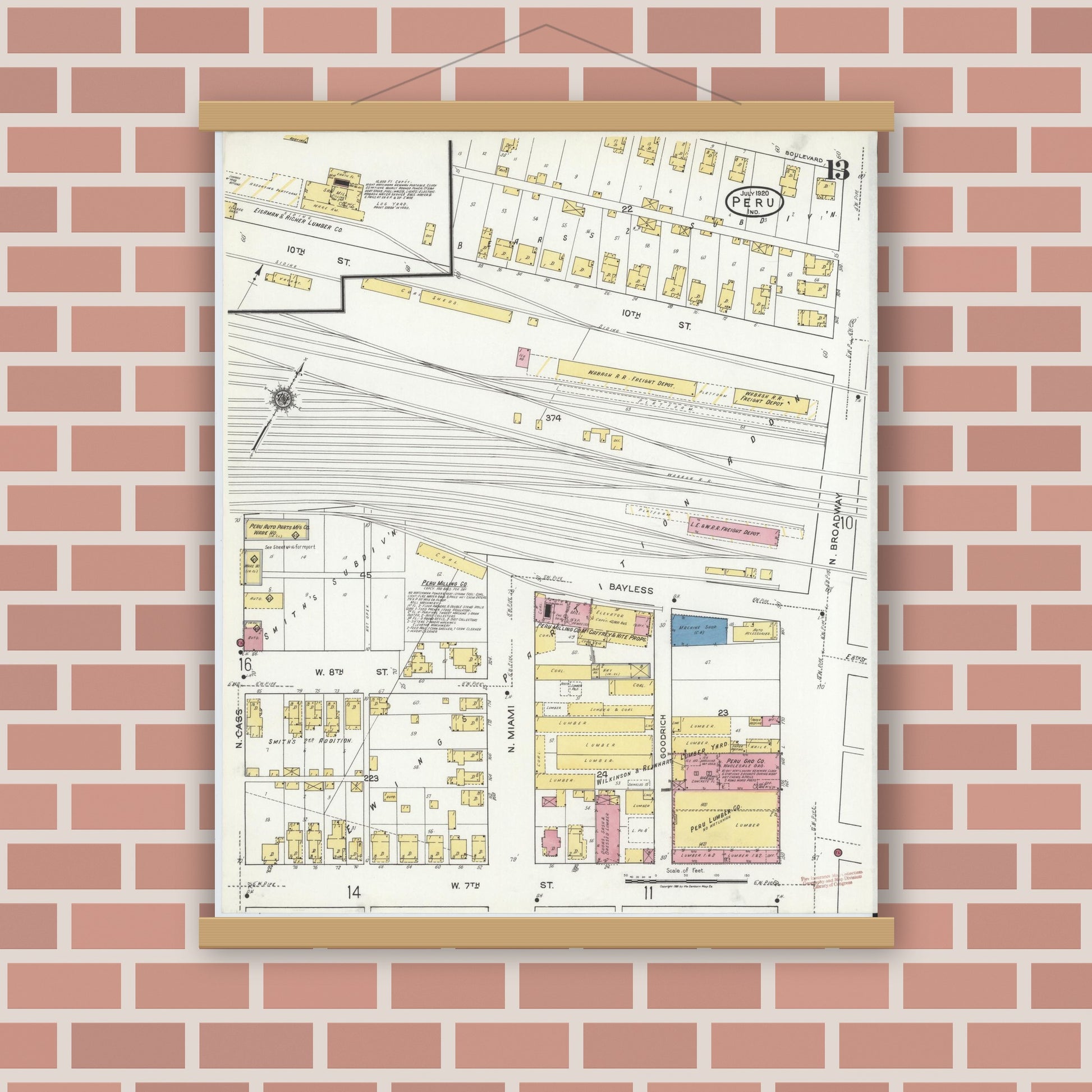 Old map wall art mockup — magnetic wood frame on brick wall — Sanborn Fire Insurance Map from Peru, Miami County, Indiana (1920), Sheet #0013
