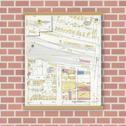 Old map wall art mockup — magnetic wood frame on brick wall — Sanborn Fire Insurance Map from Peru, Miami County, Indiana (1920), Sheet #0013