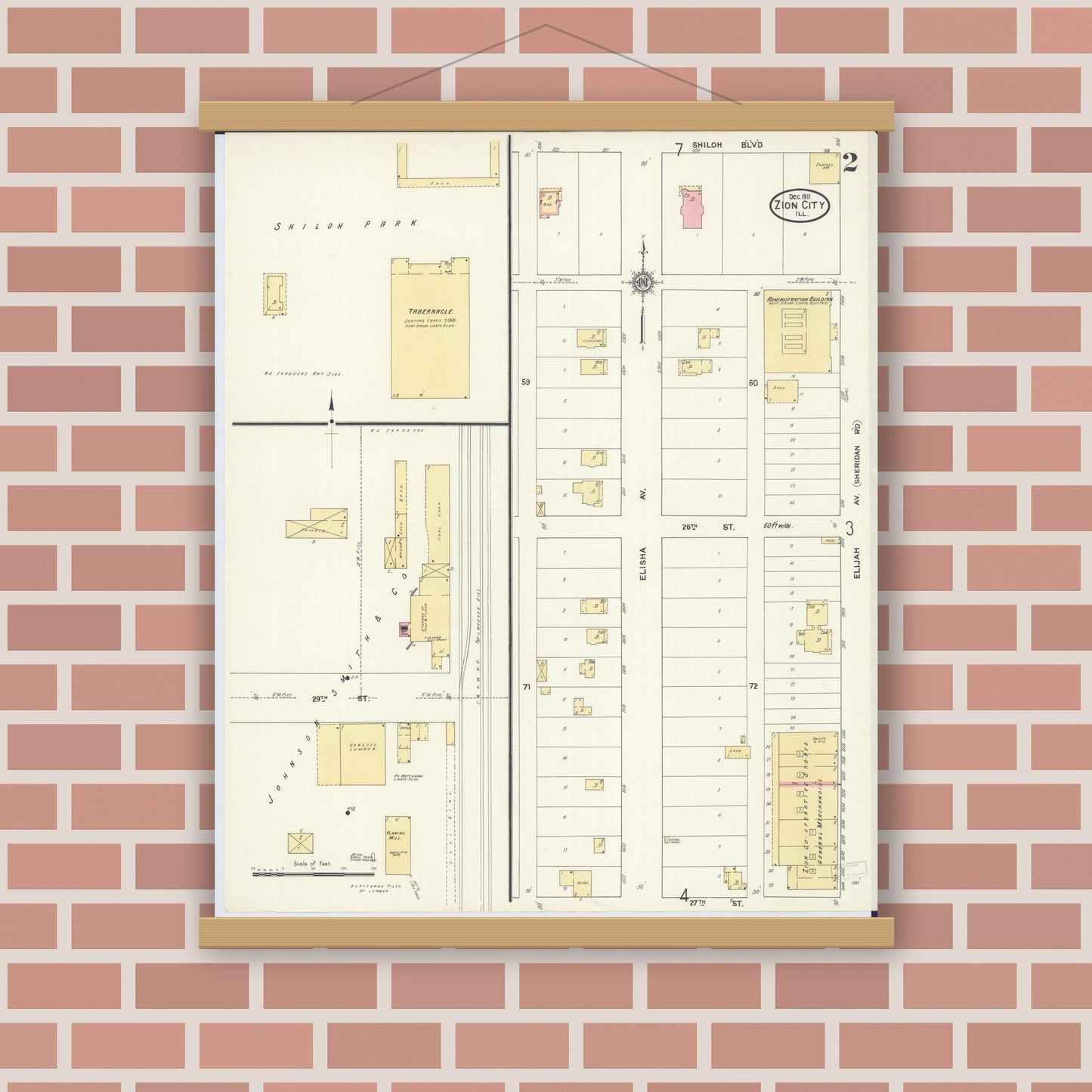 Old map wall art mockup — magnetic wood frame on brick wall — Sanborn Fire Insurance Map from Zion, Lake County, Illinois (1911), Sheet #0002