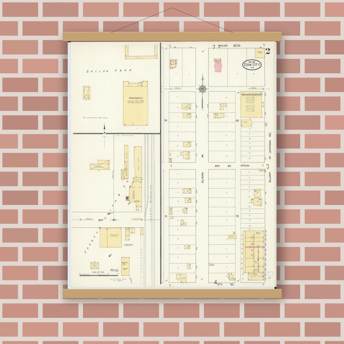 Old map wall art mockup — magnetic wood frame on brick wall — Sanborn Fire Insurance Map from Zion, Lake County, Illinois (1911), Sheet #0002