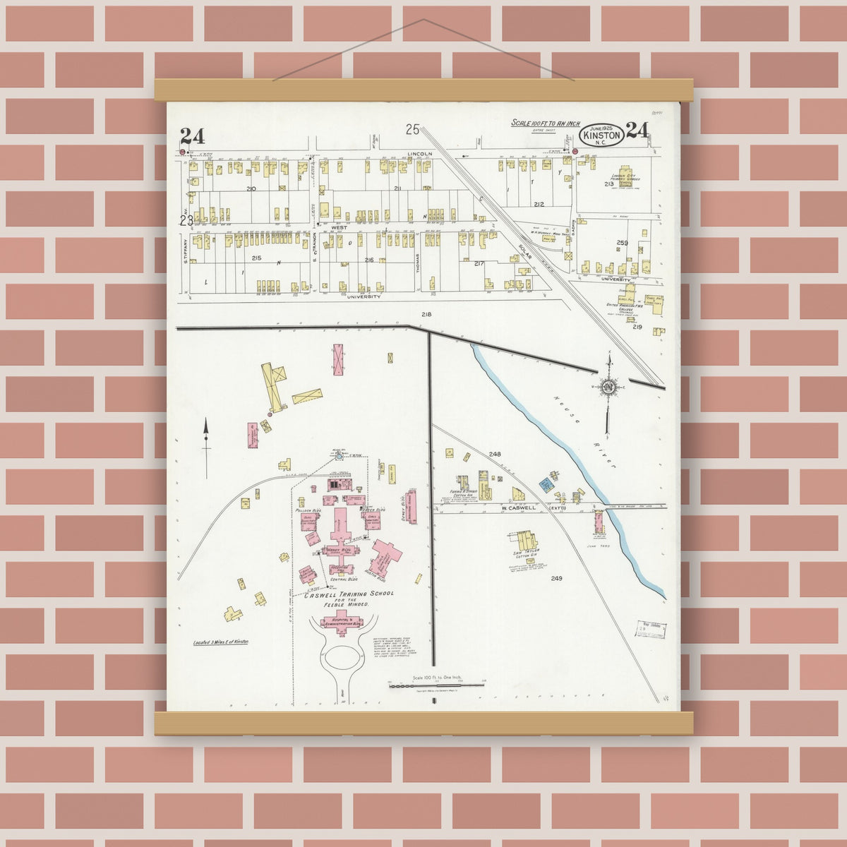 Old map wall art mockup — magnetic wood frame on brick wall — Sanborn Fire Insurance Map from Kinston, Lenoir County, North Carolina (1925), Sheet #0024