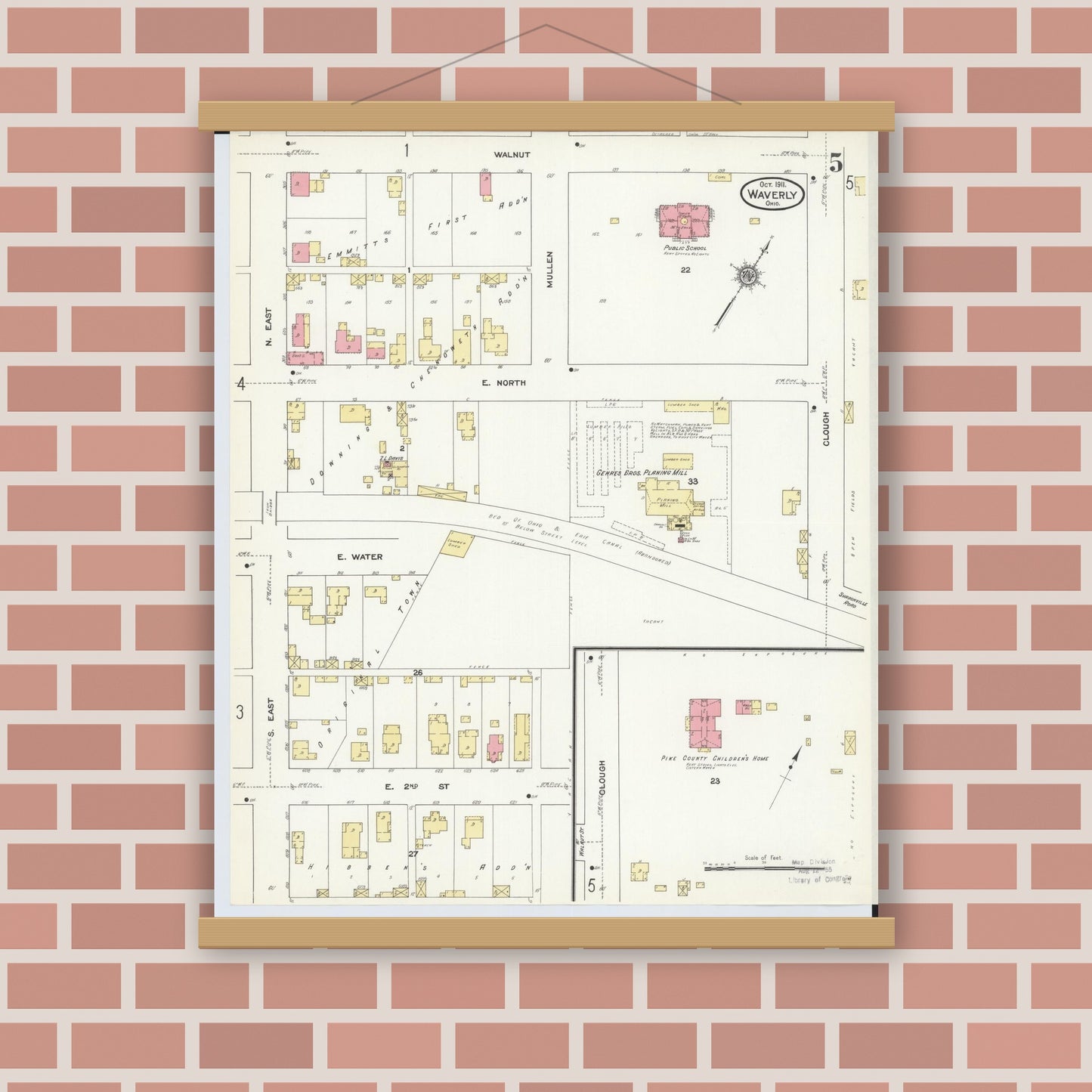 Old map wall art mockup — magnetic wood frame on brick wall — Sanborn Fire Insurance Map from Waverly, Pike County, Ohio (1911), Sheet #0005