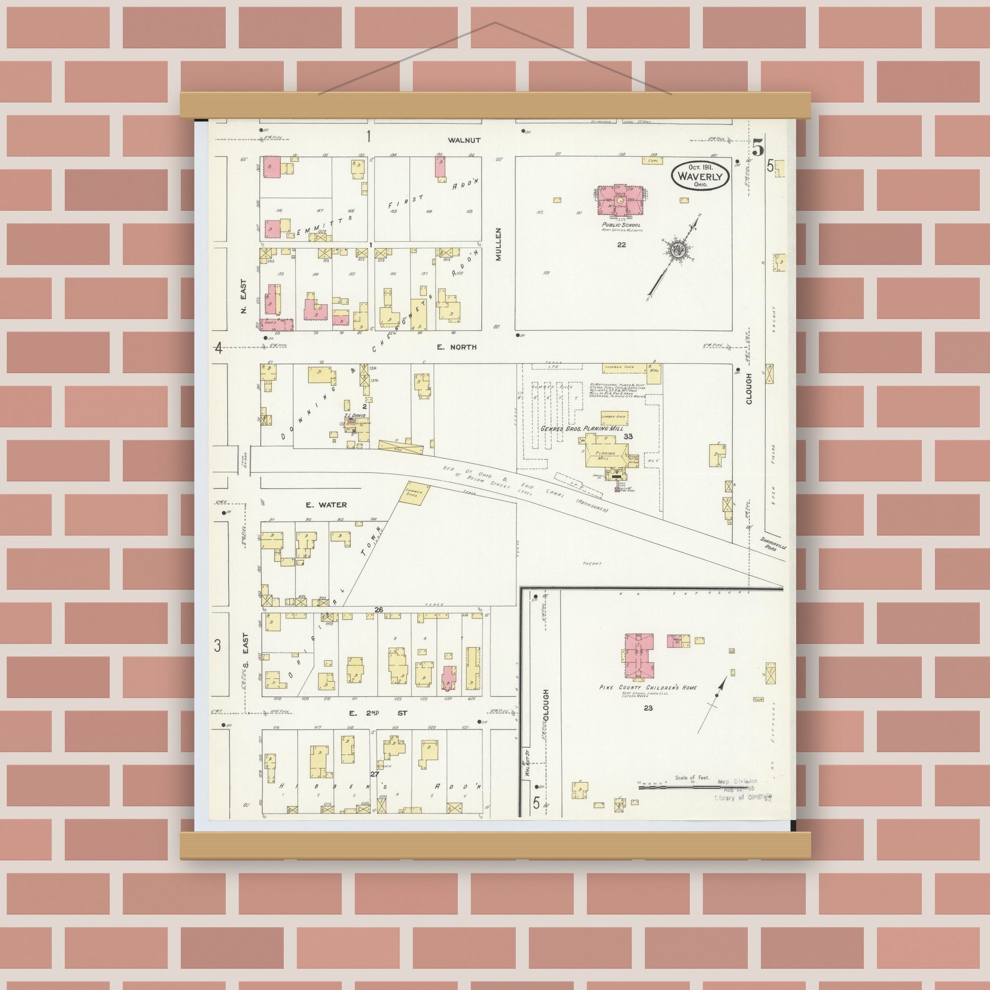Old map wall art mockup — magnetic wood frame on brick wall — Sanborn Fire Insurance Map from Waverly, Pike County, Ohio (1911), Sheet #0005