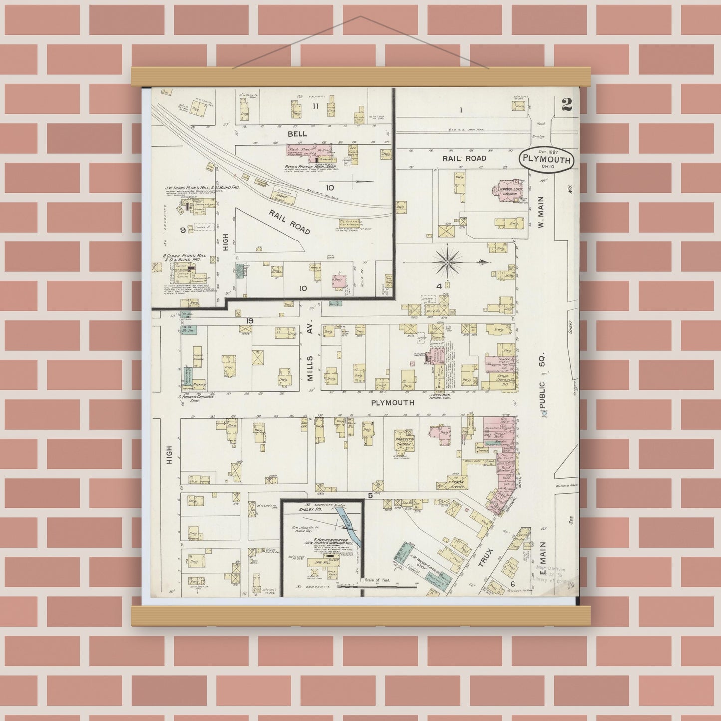 Old map wall art mockup — magnetic wood frame on brick wall — Sanborn Fire Insurance Map from Plymouth, Huron And Richland Counties, Ohio (1887), Sheet #0002