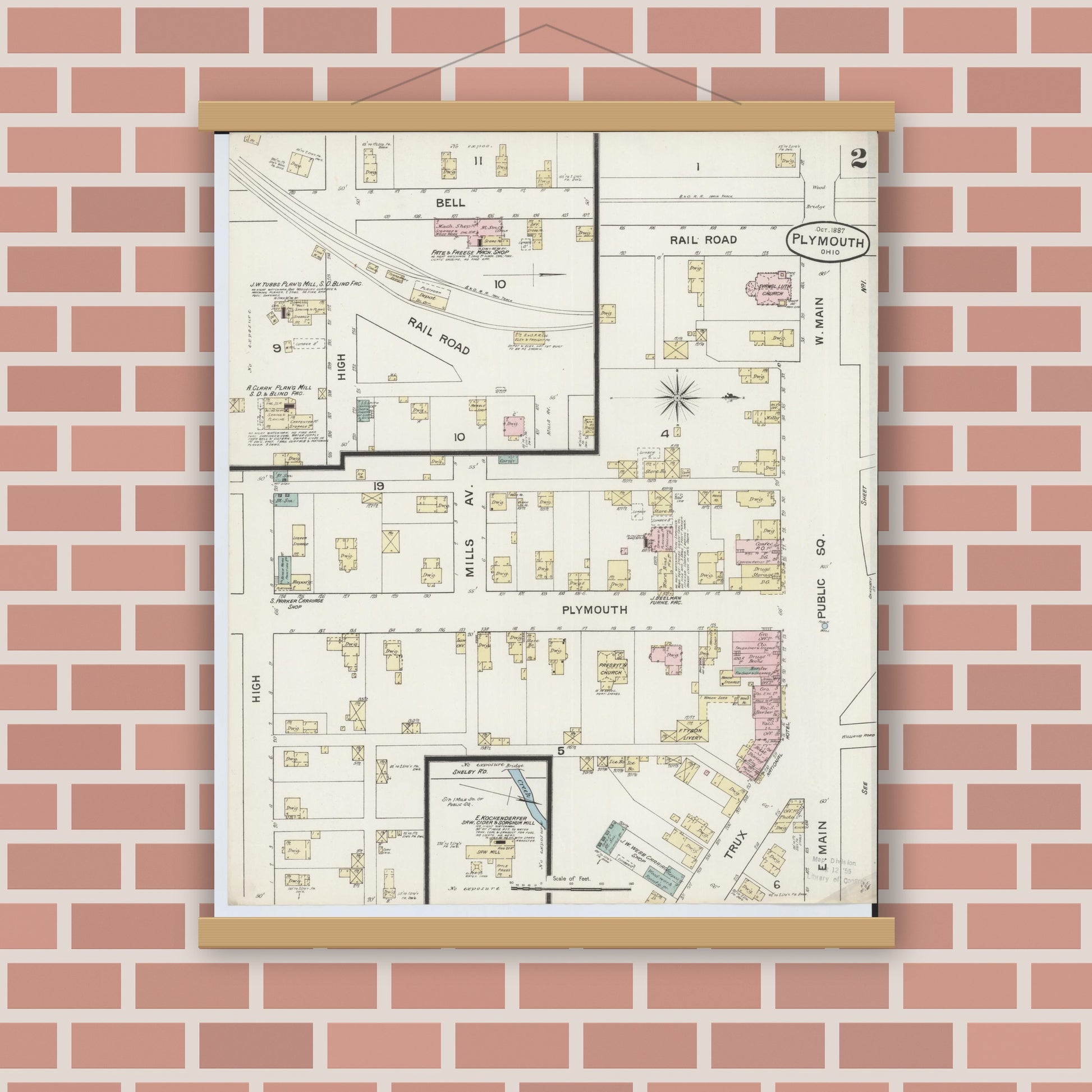 Old map wall art mockup — magnetic wood frame on brick wall — Sanborn Fire Insurance Map from Plymouth, Huron And Richland Counties, Ohio (1887), Sheet #0002
