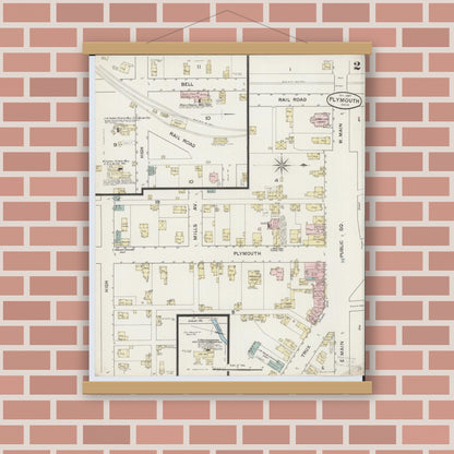 Old map wall art mockup — magnetic wood frame on brick wall — Sanborn Fire Insurance Map from Plymouth, Huron And Richland Counties, Ohio (1887), Sheet #0002