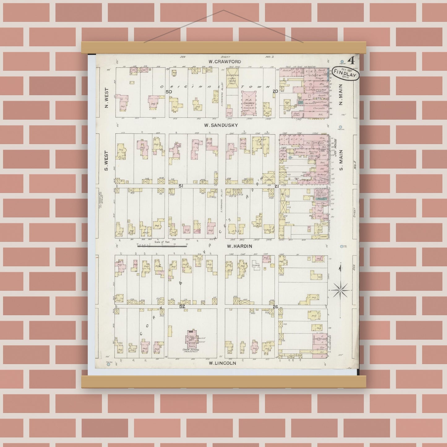 Old map wall art mockup — magnetic wood frame on brick wall — Sanborn Fire Insurance Map from Findlay, Hancock County, Ohio (1887), Sheet #0004