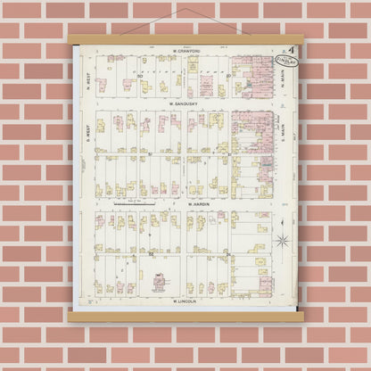 Old map wall art mockup — magnetic wood frame on brick wall — Sanborn Fire Insurance Map from Findlay, Hancock County, Ohio (1887), Sheet #0004