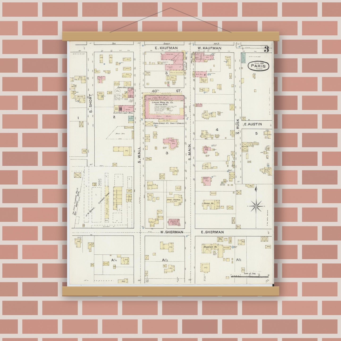 Old map wall art mockup — magnetic wood frame on brick wall — Sanborn Fire Insurance Map from Paris, Lamar County, Texas (1888), Sheet #0003