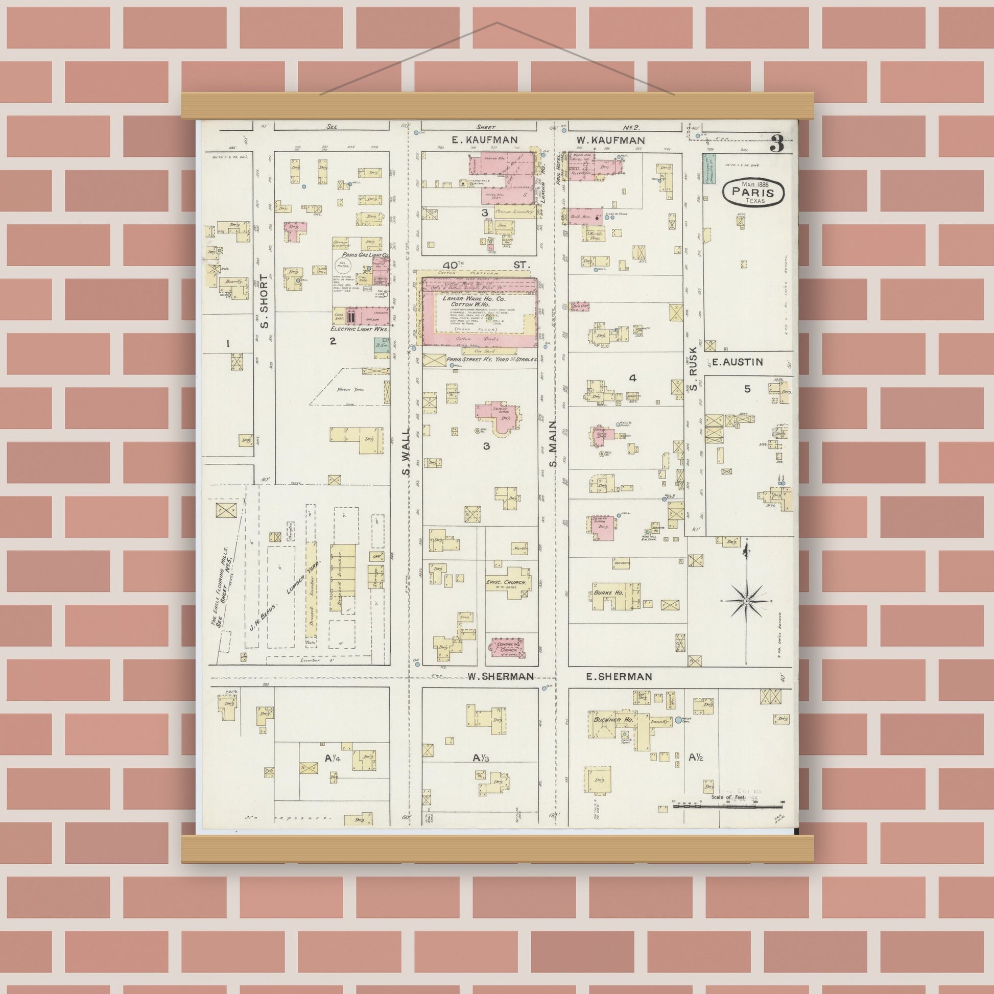 Old map wall art mockup — magnetic wood frame on brick wall — Sanborn Fire Insurance Map from Paris, Lamar County, Texas (1888), Sheet #0003