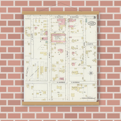 Old map wall art mockup — magnetic wood frame on brick wall — Sanborn Fire Insurance Map from Paris, Lamar County, Texas (1888), Sheet #0003