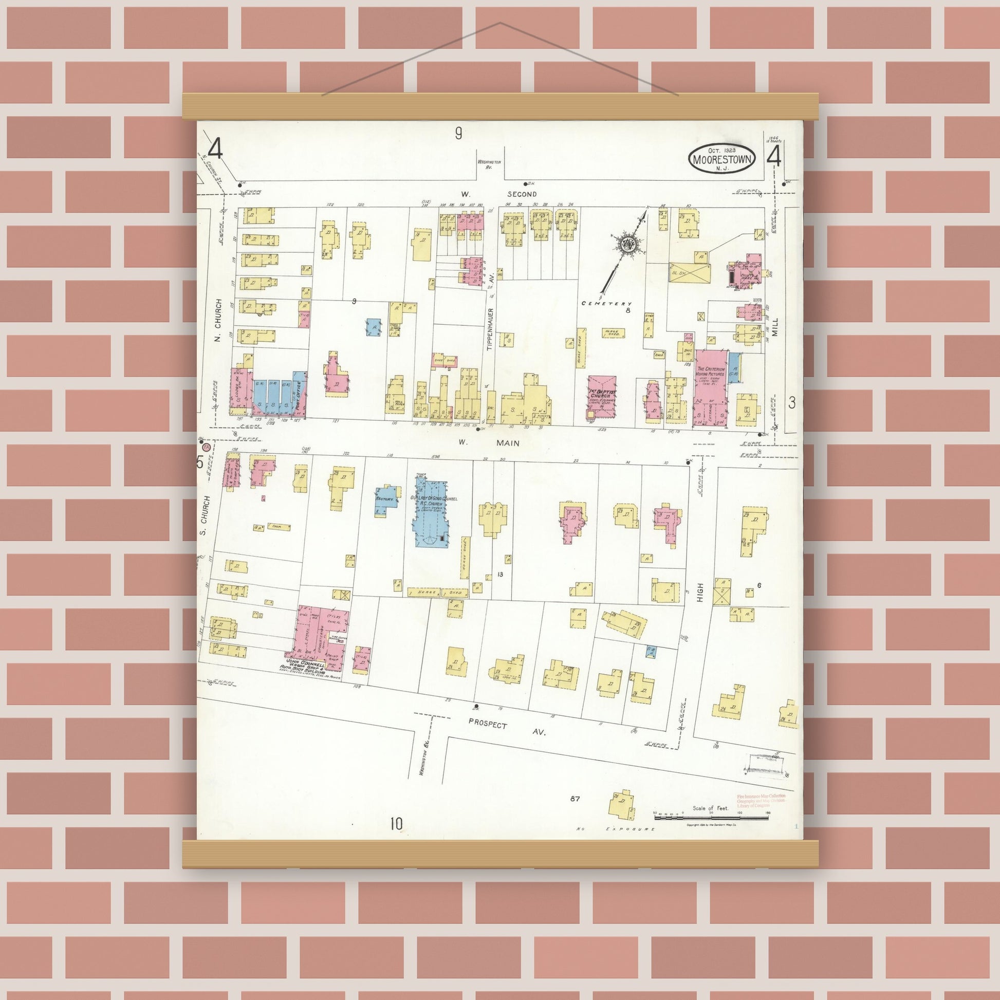 Old map wall art mockup — magnetic wood frame on brick wall — Sanborn Fire Insurance Map from Moorestown, Burlington County, New Jersey (1923), Sheet #0004