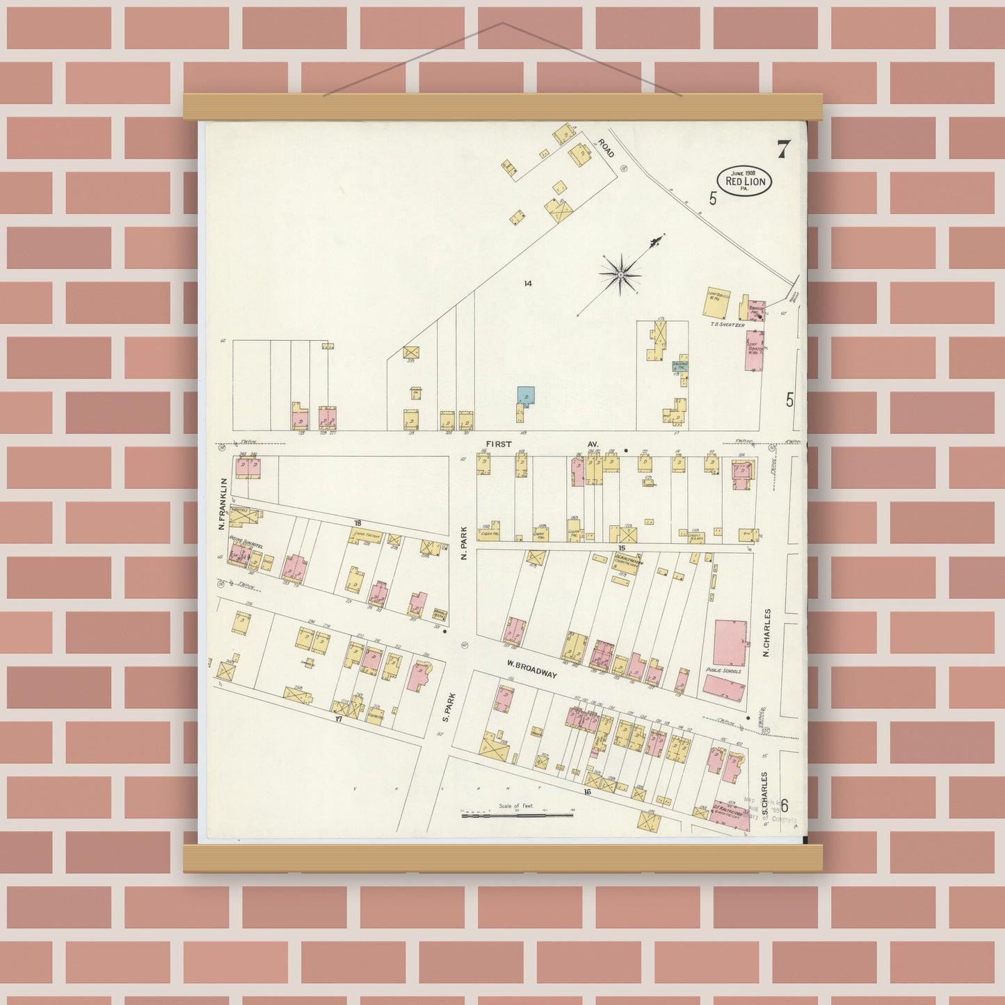 Old map wall art mockup — magnetic wood frame on brick wall — Sanborn Fire Insurance Map from Red Lion, York County, Pennsylvania (1908), Sheet #0007