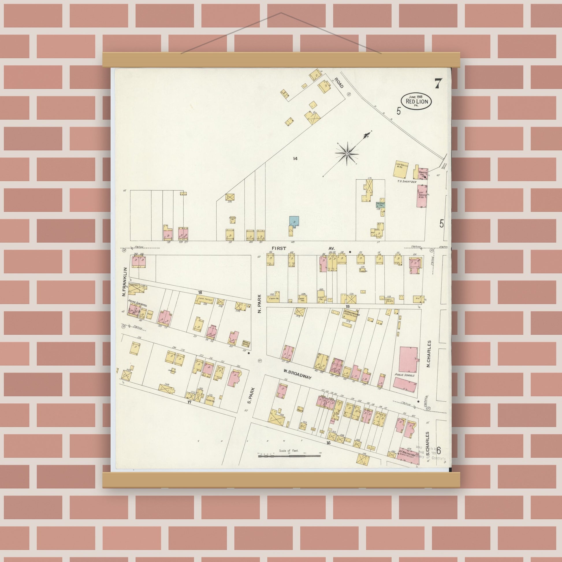 Old map wall art mockup — magnetic wood frame on brick wall — Sanborn Fire Insurance Map from Red Lion, York County, Pennsylvania (1908), Sheet #0007