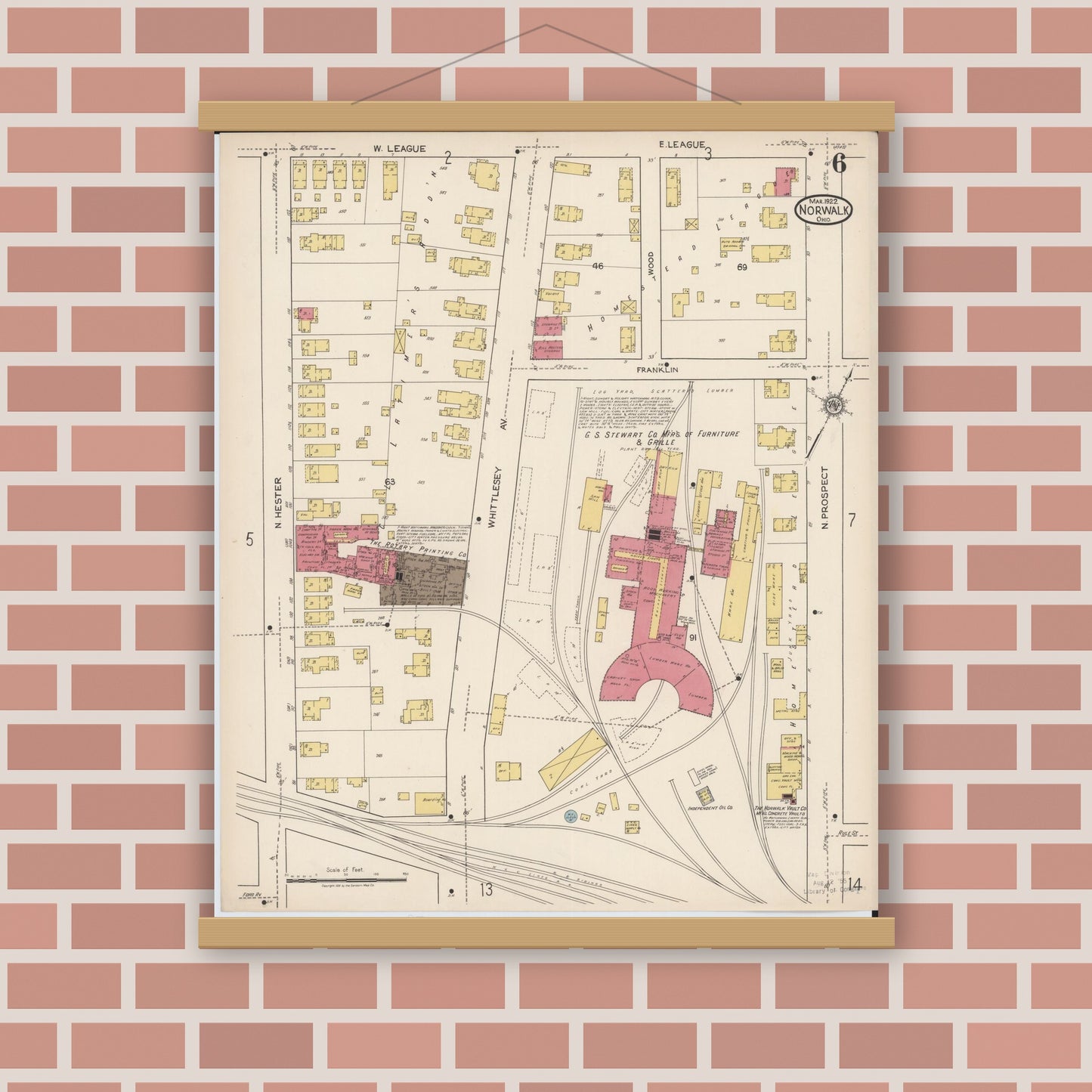Old map wall art mockup — magnetic wood frame on brick wall — Sanborn Fire Insurance Map from Norwalk, Huron County, Ohio (1922), Sheet #0006