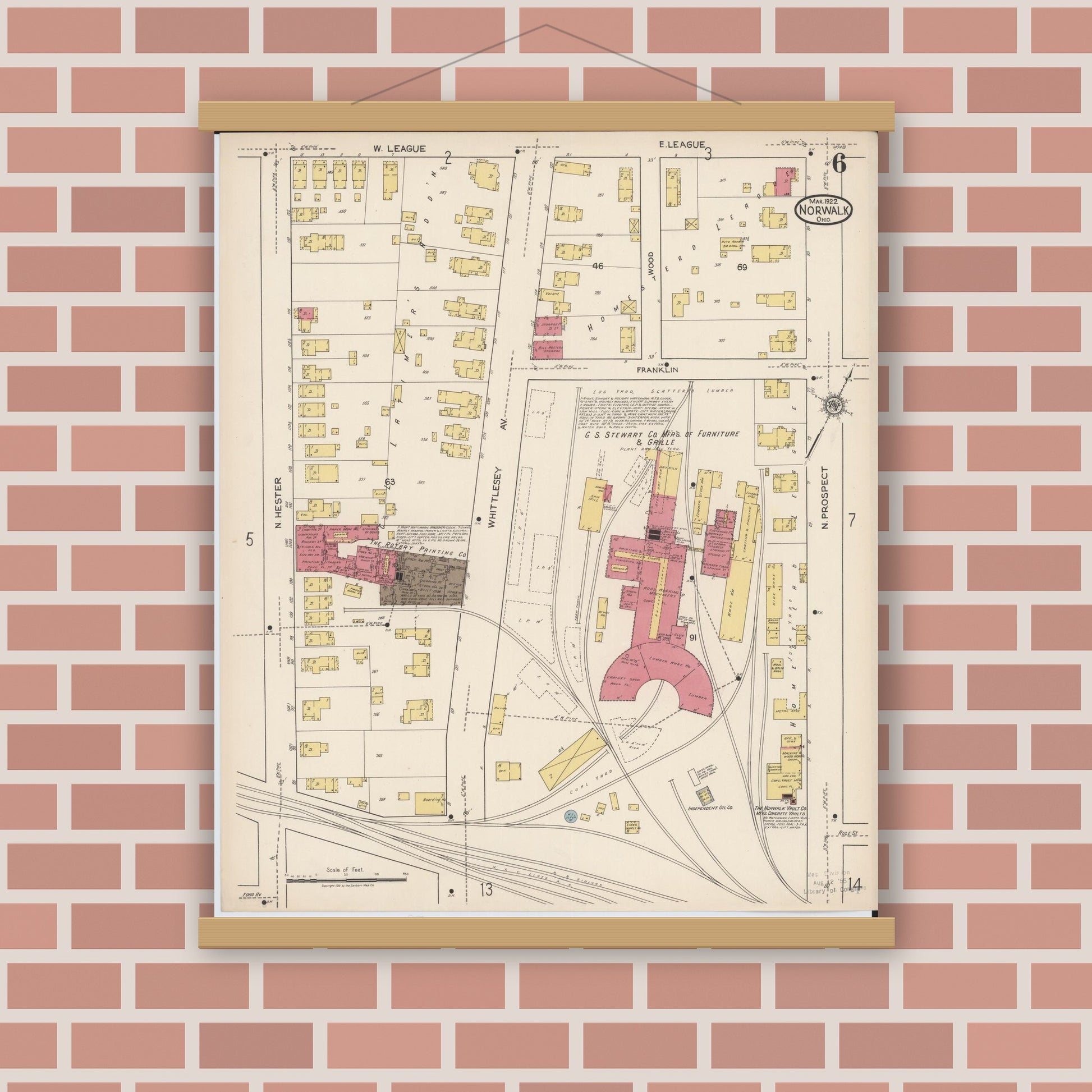Old map wall art mockup — magnetic wood frame on brick wall — Sanborn Fire Insurance Map from Norwalk, Huron County, Ohio (1922), Sheet #0006