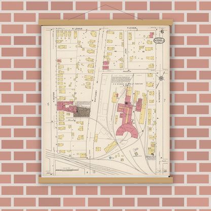 Old map wall art mockup — magnetic wood frame on brick wall — Sanborn Fire Insurance Map from Norwalk, Huron County, Ohio (1922), Sheet #0006