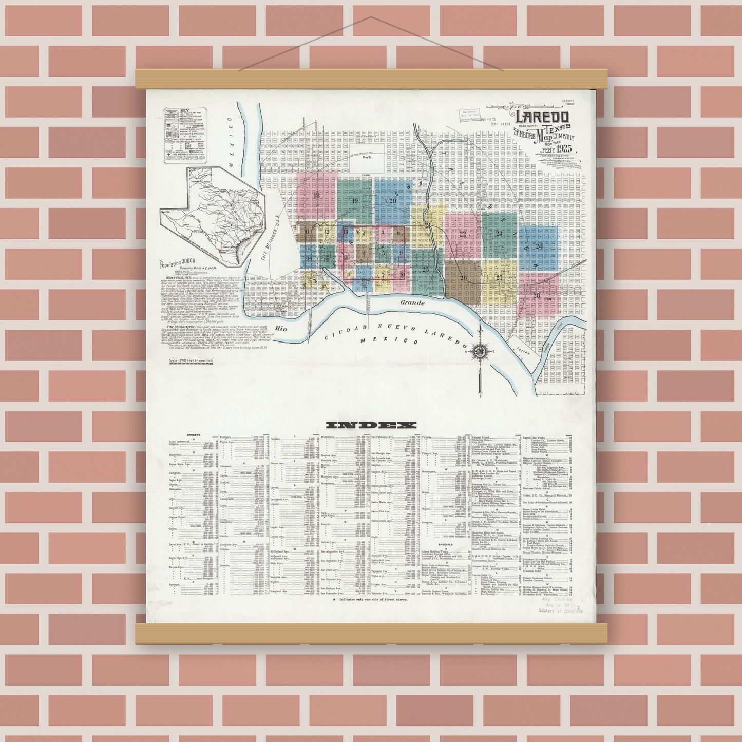 Old map wall art mockup — magnetic wood frame on brick wall — Sanborn Fire Insurance Map from Laredo, Webb County, Texas (1925), Sheet #0001