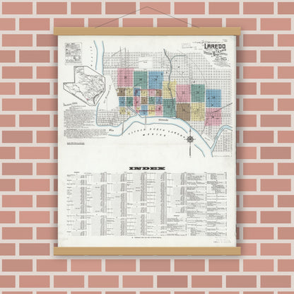 Old map wall art mockup — magnetic wood frame on brick wall — Sanborn Fire Insurance Map from Laredo, Webb County, Texas (1925), Sheet #0001
