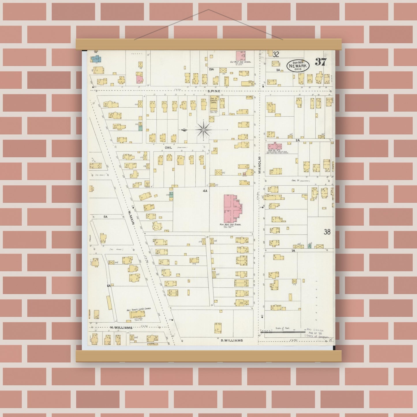 Old map wall art mockup — magnetic wood frame on brick wall — Sanborn Fire Insurance Map from Newark, Licking County, Ohio (1905), Sheet #0037