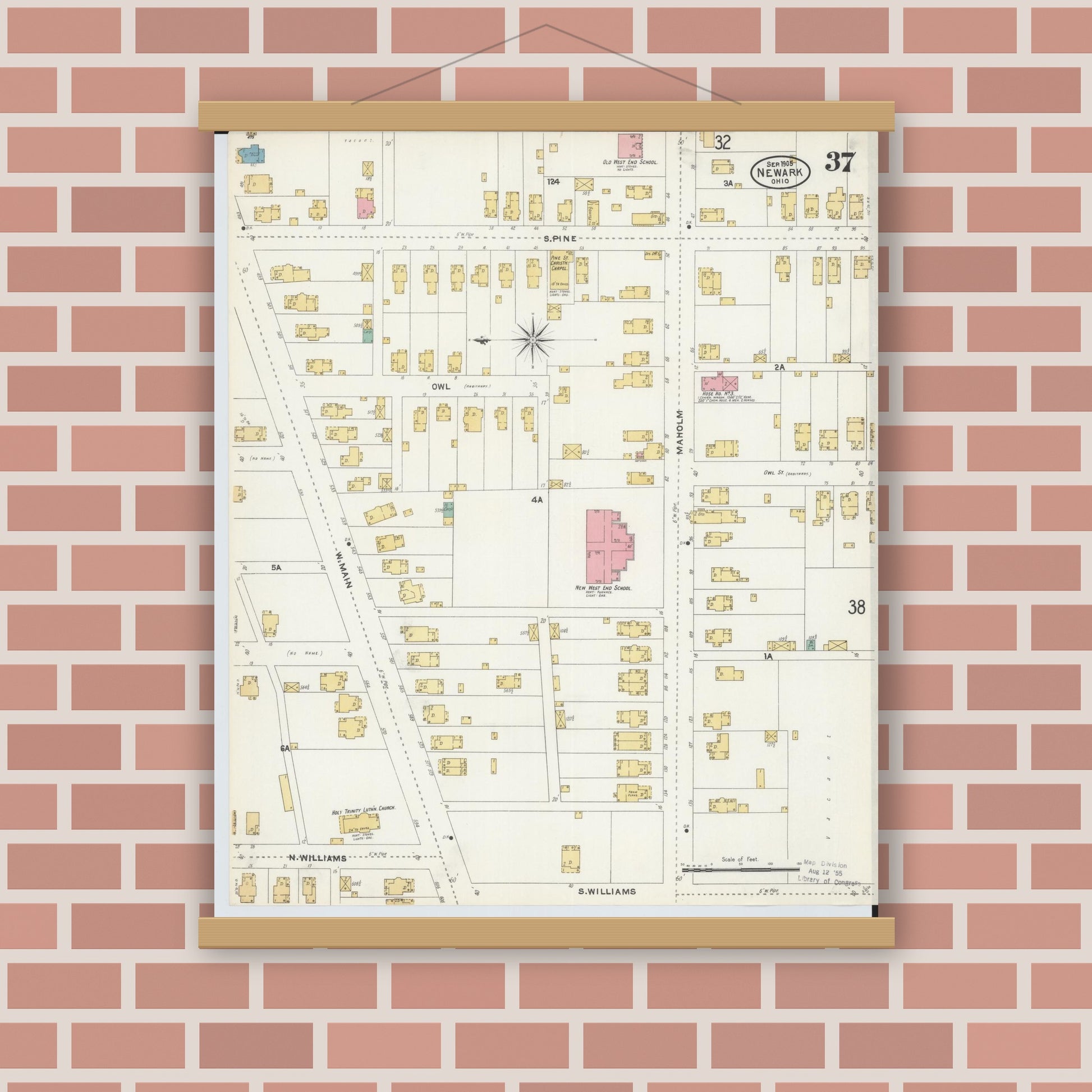 Old map wall art mockup — magnetic wood frame on brick wall — Sanborn Fire Insurance Map from Newark, Licking County, Ohio (1905), Sheet #0037